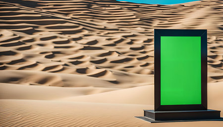 A green screen standing in a desert landscape with sand dunes in the background.の写真素材
