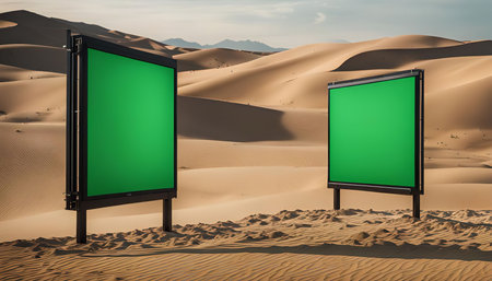Two green screen billboards in a desert landscape, perfect for advertising mockupsの写真素材
