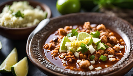 Close-up shot of a Mexican chili soup garnished with lime, cilantro, and onions. The chili is served in a rustic brown bowl with a side of rice, making it a visually appealing and delicious meal.の写真素材