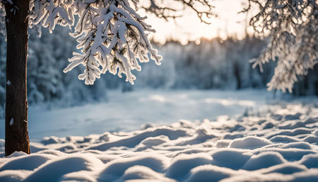 A close-up of a snow-covered tree branch in a snowy forest. The sun is shining through the trees and the snow is glistening.の写真素材