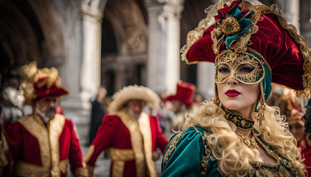 A woman in a Venetian carnival costume and mask stands out in a crowd of people.の写真素材