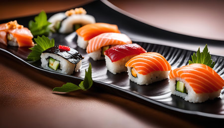 A plate of assorted sushi rolls, showing different types of fish and toppings. The rolls are arranged on a black plate, providing a striking contrast to the vibrant colors of the ingredients.の写真素材