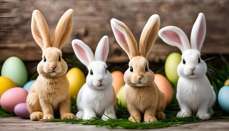 A heartwarming image of four fluffy bunnies surrounded by colorful Easter eggs, symbolizing the joy and celebration of the spring holiday. The bunnies' adorable expressions and the vibrant colors create a festive atmosphere.の写真素材