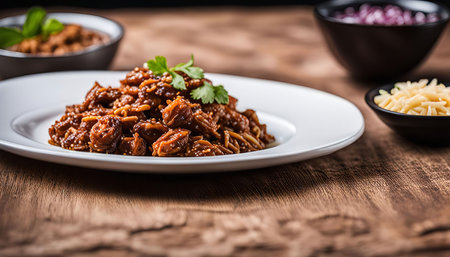 A white plate with a pile of chili con carne with chopped onion and cheese on the side