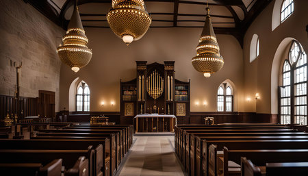 A view of the interior of a traditional church, with rows of pews facing the altar, the organ, and the stained glass windows.の写真素材