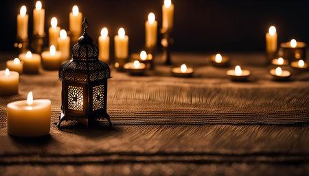 A beautiful ornate lantern, crafted from metal, sits on a wooden table surrounded by lit candles. The warm glow of the candlelight casts a soft, enchanting ambiance.の写真素材
