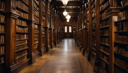 A long, narrow aisle lined with bookshelves in a library. The shelves are filled with books, and the light from the windows at the end of the aisle casts a warm glow on the room.の写真素材
