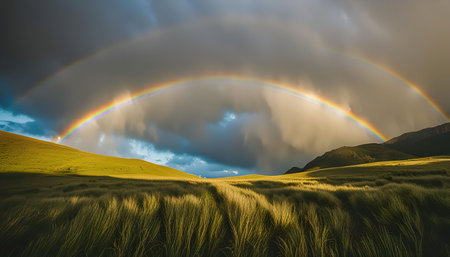 A vibrant double rainbow arches over a grassy field, with storm clouds still lingering in the sky. The sun shines through the clouds, casting a warm glow on the landscape.の写真素材