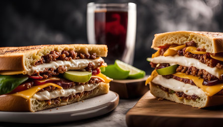 A mouthwatering cheesesteak sandwich with toasted bread, melted cheese, savory ground beef, and fresh toppings.の写真素材