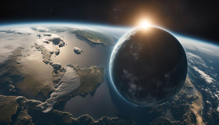 A breathtaking view of Earth from space, as the sun rises above the horizon, casting a warm glow across the planet.の写真素材