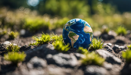 A close-up shot of a miniature globe nestled amidst a lush patch of green grass, symbolizing the importance of nature and environmental conservation.の写真素材