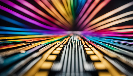 Abstract background with colorful lines arranged in a radial pattern, creating a dynamic and vibrant visual composition.の写真素材