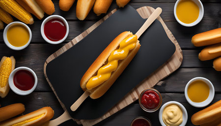A corn dog topped with mustard is displayed on a black cutting board. It is surrounded by corn dogs, corn, ketchup, and mustard.の写真素材