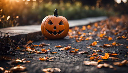 A carved pumpkin, a jack-o-lantern, sits on a pathway covered in fallen leaves during the fall season. The jack-o-lantern's carved smile adds a spooky and festive touch to the autumn scene.の写真素材