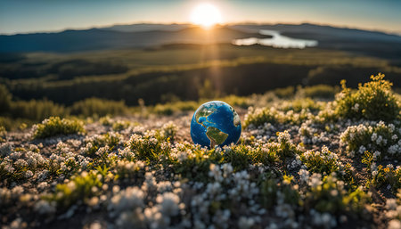 A globe sits on a hilltop at sunset, overlooking a vast landscape. The sun casts a golden glow over the scene, highlighting the beauty of nature.の写真素材