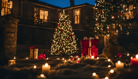 A beautifully decorated Christmas tree glows in the night, surrounded by gifts and twinkling lights, creating a magical and festive atmosphere.の写真素材