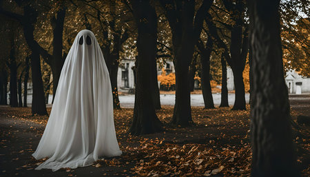 A ghostly figure stands in a forest, shrouded in a white sheet, creating a haunting and mysterious atmosphere.の写真素材