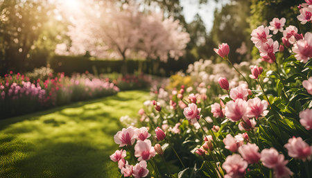 A closeup of a pink flower bed in a beautiful garden. The vibrant colors and soft light create a serene and peaceful atmosphere.の写真素材