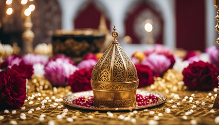 A close up of an ornate golden incense burner with flowers on a table. The burner is intricately decorated with a traditional arabesque design.の写真素材