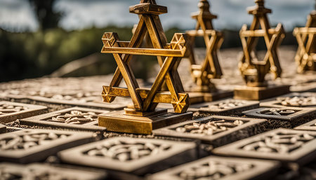 Close up of a Star of David, a symbol of Jewish faith and culture, made of gold and wood.の写真素材