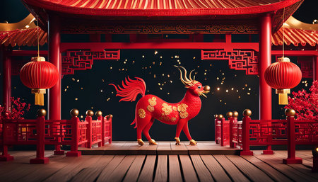 A red lantern illuminates a mythical creature standing under a traditional Chinese pavilion, celebrating the New Year. The festive decorations and the vibrant colors create a joyful atmosphere.の写真素材