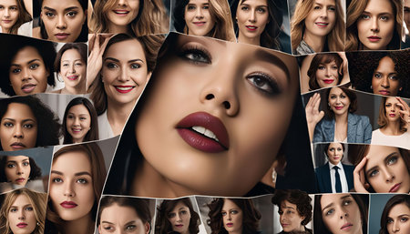 A close-up collage of various women's faces, highlighting diversity in beauty, each portrait showing unique expressions and makeup styles.の写真素材