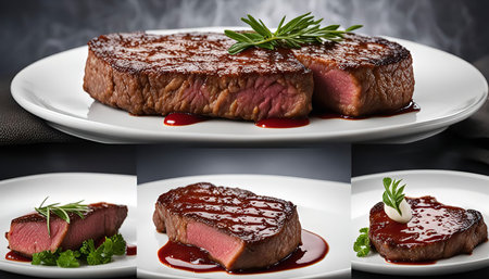 A photo of a grilled steak, close up with sauce, herbs, and parsley, on a white plateの写真素材
