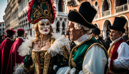 A woman wearing a beautiful Venetian Carnival mask and elaborate costume, standing in a crowd of people during the festival. The mask and costume are adorned with feathers, gold, and other decorative elements, reflecting the rich tradition of the Venetian Carnival.の写真素材