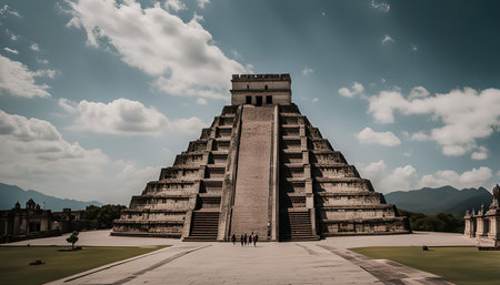 An imposing ancient Mayan pyramid, the Kukulkan pyramid at Chichen Itza, stands majestically against a backdrop of blue sky and fluffy clouds.の写真素材