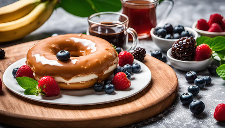 A delicious donut glazed with caramel and topped with blueberries, surrounded by a delightful assortment of fresh berries, ready for a sweet breakfast.の写真素材
