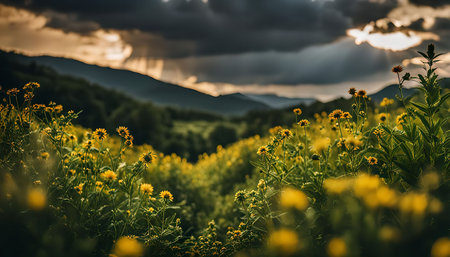 A vibrant meadow filled with golden wildflowers, set against a backdrop of rolling green mountains and a dramatic sunset sky.の写真素材