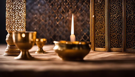 A still life photograph of golden lanterns and a candle with intricate designs. The golden color creates a warm and inviting atmosphere.の写真素材