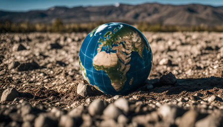 A globe rests on arid land, showing the fragility of Earth's resources.の写真素材