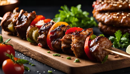 Close up of a grilled chicken and vegetable skewer on a wooden board. The skewer is made with chicken, red bell peppers, yellow bell peppers, and green bell peppers. The skewer is being cooked on a grill. There are tomatoes and parsley in the background.の写真素材