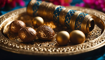 A close-up view of golden, intricately decorated ornaments on a tray, showing the craftsmanship and luxury of the design.の写真素材
