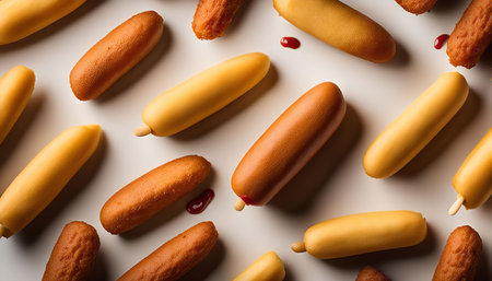 A close-up photo of a scattering of corn dogs on a white background. The corn dogs are arranged in a random pattern and have a light yellow breading. Some of the corn dogs have a small dab of red ketchup on them.の写真素材