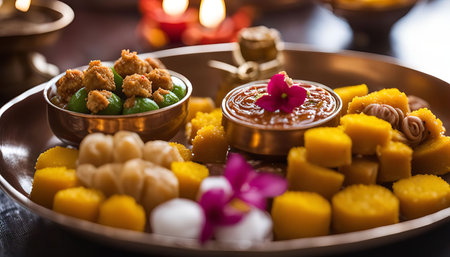 A close-up shot of a plate of Indian sweets, featuring a variety of vibrant colors, textures, and flavors, highlighting the cultural richness of Indian culinary traditions.の写真素材