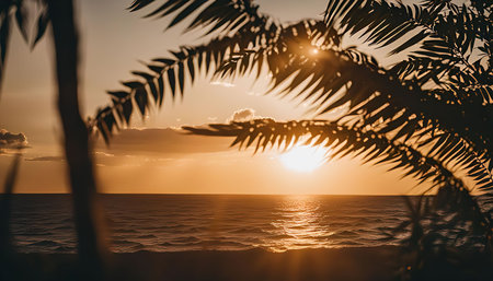 A picturesque sunset over the ocean, framed by the silhouette of palm leaves, creating a serene and idyllic atmosphere.の写真素材
