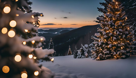A view of snow-covered mountains with a Christmas tree with lights in the foreground. The sun is setting, casting a warm glow on the scene. The tree in the foreground is lit up with warm lights, making it a focal point. The image is beautiful and peacefulの写真素材