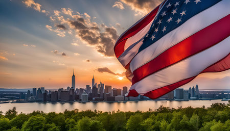 A majestic American flag waves proudly in the foreground, overlooking a breathtaking cityscape at sunset. The warm colors of the sunset illuminate the towering skyscrapers, creating a captivating scene of patriotism and urban splendor.の写真素材