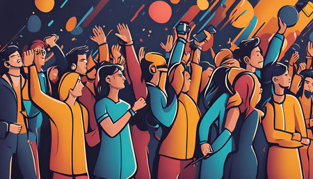 An illustration of a crowd of people celebrating at an event. They are all excited and happy, with their arms raised in the air.の写真素材