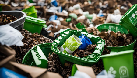 A close-up of green compost bins overflowing with organic wasteの写真素材