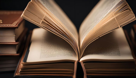 A close-up of an open book with pages fanned out, revealing its text and showing its age. A stack of other books is visible behind it, suggesting a collection of knowledge and literary pursuits.の写真素材