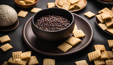 A bowl of black beans with a plate of crispy crackers on a dark background.
