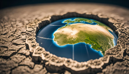 A close-up image of a cracked earth revealing a globe within, representing the fragility and vulnerability of our planet in the face of climate change and environmental degradation.の写真素材