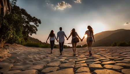 Four friends walk towards the sunset on a stone path. The sun is setting behind them, casting a golden glow over the landscape. In the distance, a mountain and sea are visible.の写真素材