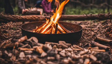 A close-up shot of a campfire burning brightly in a metal fire pit surrounded by wood chips and branches in a forest setting.の写真素材