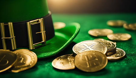 A close-up image of a green leprechaun's hat with a golden buckle, surrounded by a pile of golden...
