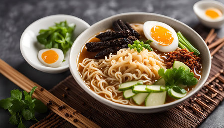 A bowl of ramen noodles with eggs and vegetables, garnished with fresh herbs. It's a delicious and healthy meal, perfect for any occasion.の写真素材
