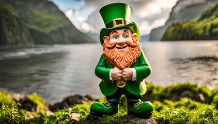 A friendly Leprechaun stands on a rock by a beautiful lake, surrounded by lush green mountains. He is wearing his traditional green hat and holding a gold coin, a symbol of luck and good fortune.の写真素材